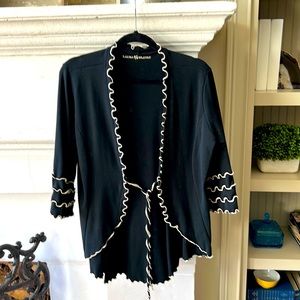LAURA HLAVAC super stretch rib knit RUFFLE CARDIGAN black / tan Sz Large 8-10